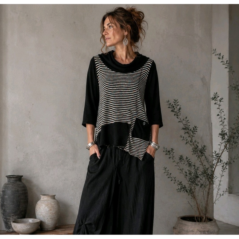 Ali Miles Tunic Top L Black White Stripe Cowl Neck Wearable Art Lagenlook Quirky
